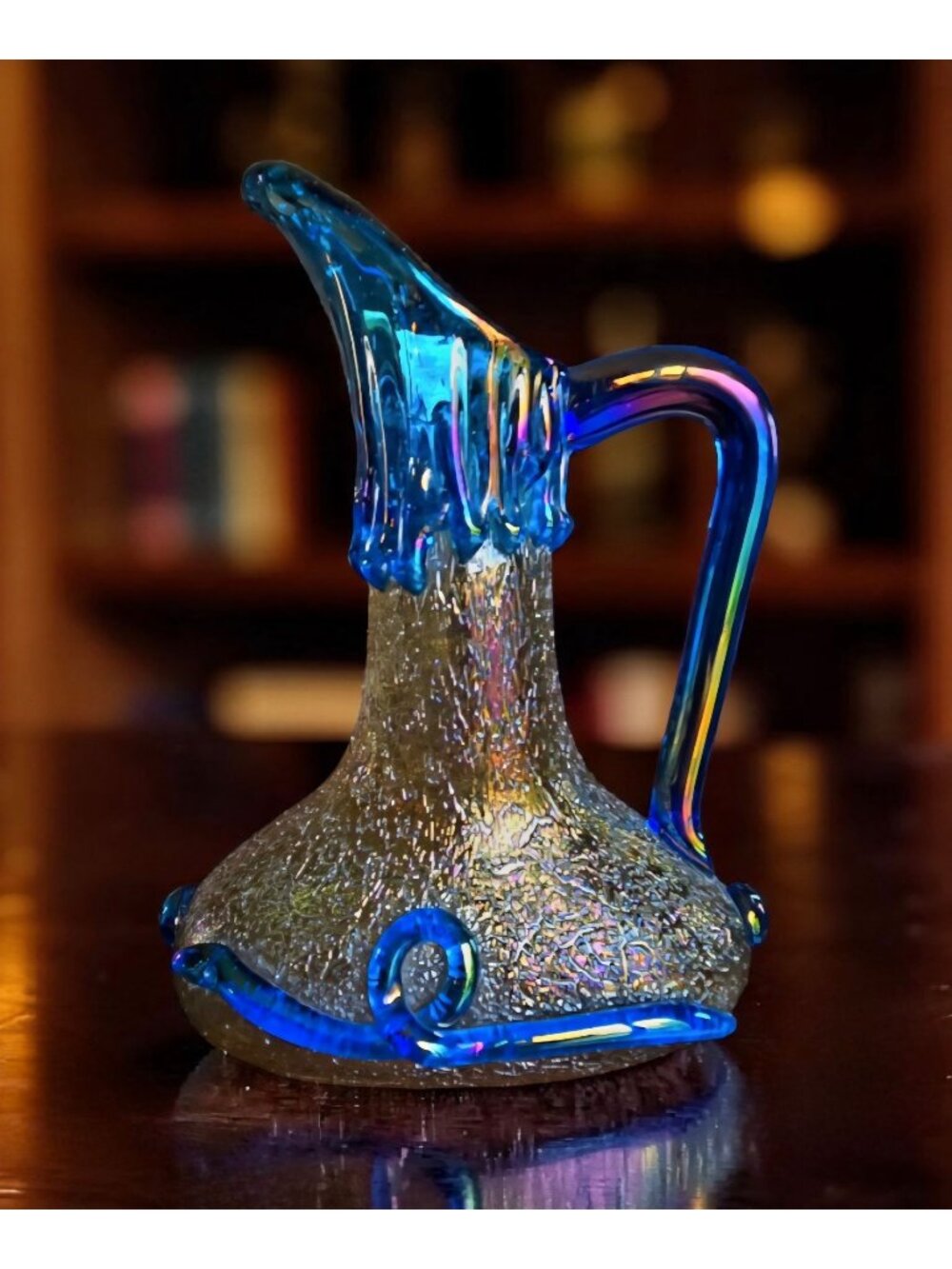 Harrach Pitcher Bohemian w/Snakes, Aqua, Gold, Iridescent Overshot Eisglass (ice